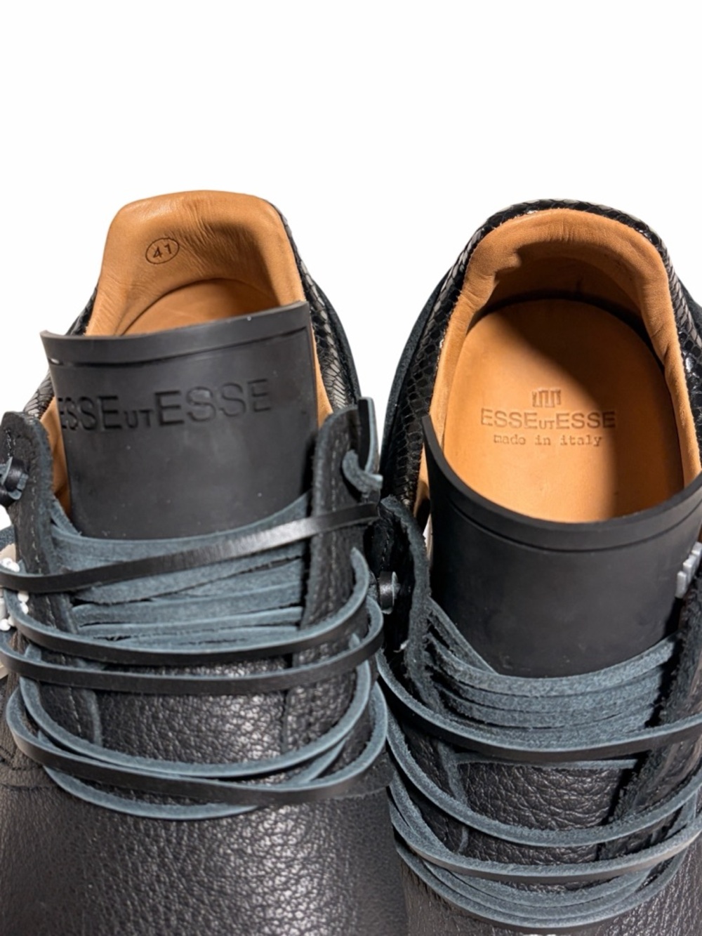 ESSEutESSE new Black Fringe Embossed Snakeskin Leather Lace Sneakers + Box - Picture 7 of 17